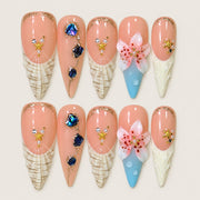 ACEGRIP Blush Check Petals press-on nails in peach nude, blue, white, and gold tones, with check and grid patterns, style AN8077