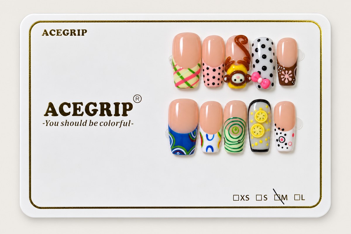ACEGRIP Blush Spirals, style AN8079, complete 10-nail set on its presentation card