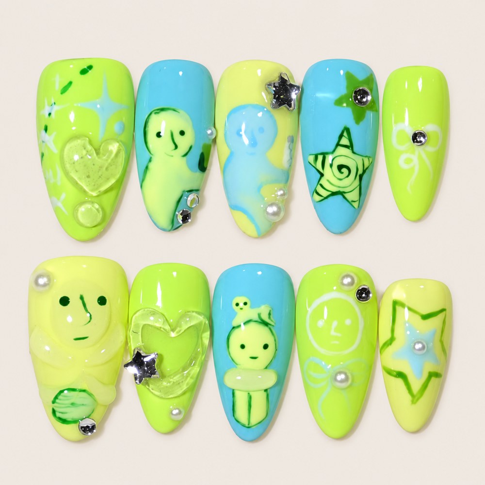 ACEGRIP Lime Expressions press-on nails in lime green, blue, and green, with expressive face motifs, style AN8080