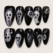 ACEGRIP Onyx Ghosts press-on nails in black and silver tones, with ghost motifs, style AN8084
