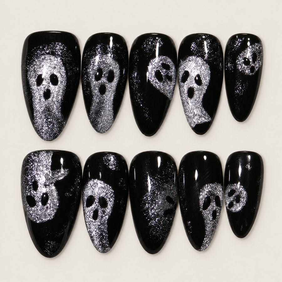 ACEGRIP Onyx Ghosts press-on nails in black and silver tones, with ghost motifs, style AN8084