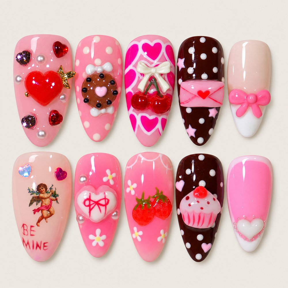 Rose Heart Bow - Pink Heart & Bow Press-On Nails