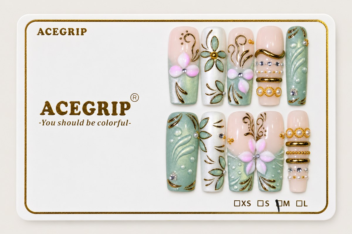ACEGRIP Mint Petals, style AN8089, complete 10-nail set on its presentation card