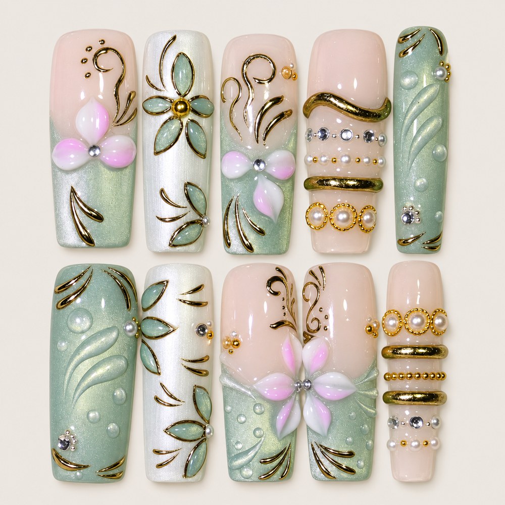ACEGRIP Mint Petals press-on nails in mint green, peach nude, and gold tones, with floral accents, style AN8089