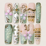 ACEGRIP Mint Petals press-on nails in mint green, peach nude, and gold tones, with floral accents, style AN8089