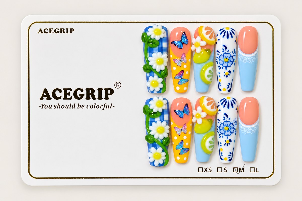 ACEGRIP Azure Bloom, style AN8090, complete 10-nail set on its presentation card