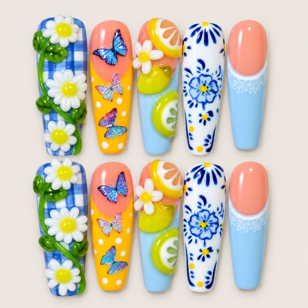 Azure Bloom - Blue Floral & Check And Grid Press-On Nails
