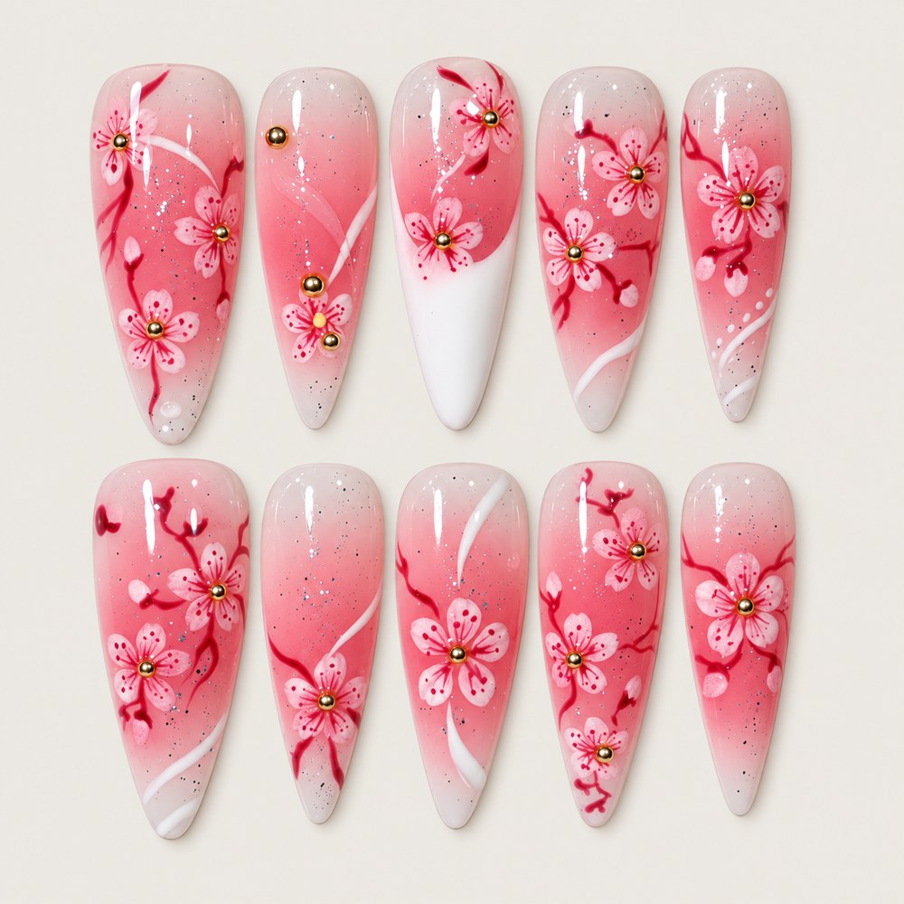 ACEGRIP Rose Petal Branches press-on nails in pink and white, with floral accents, style AN8091