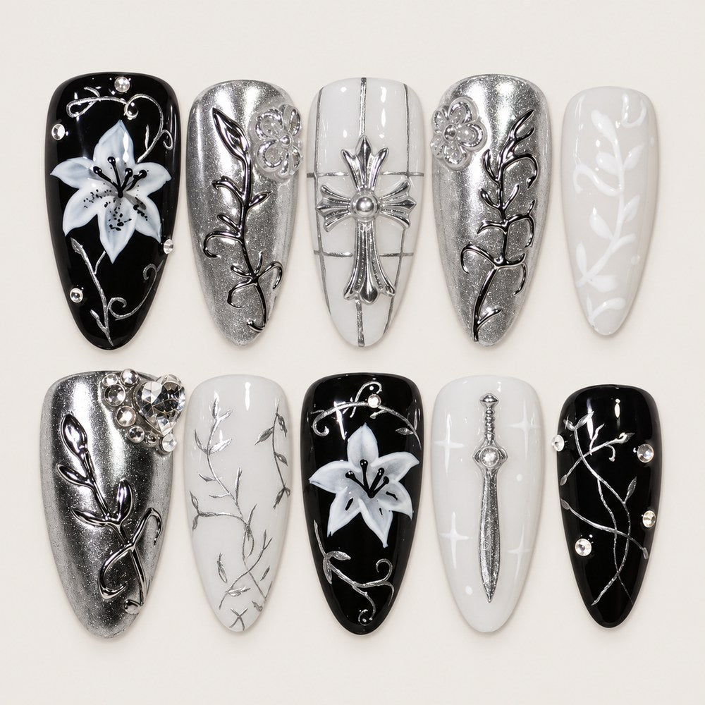 Onyx Petals - Black Floral & Branch Press-On Nails