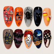 ACEGRIP Clementine Haunt press-on nails in orange, black, red, and navy blue, with Halloween-themed motifs, style AN8093