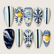 ACEGRIP Ivory Stripes press-on nails in white, blue, and cream, with striped patterns, style AN8096