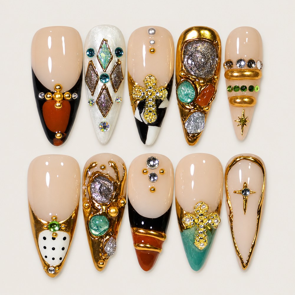 ACEGRIP Blush Jewels press-on nails in peach nude, black, gold tones, and green, with gem-like accents, style AN8097