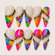ACEGRIP Blush Tips press-on nails in peach nude, multiple bright colors, and gold tones, with French-tip color blocking, style AN8098