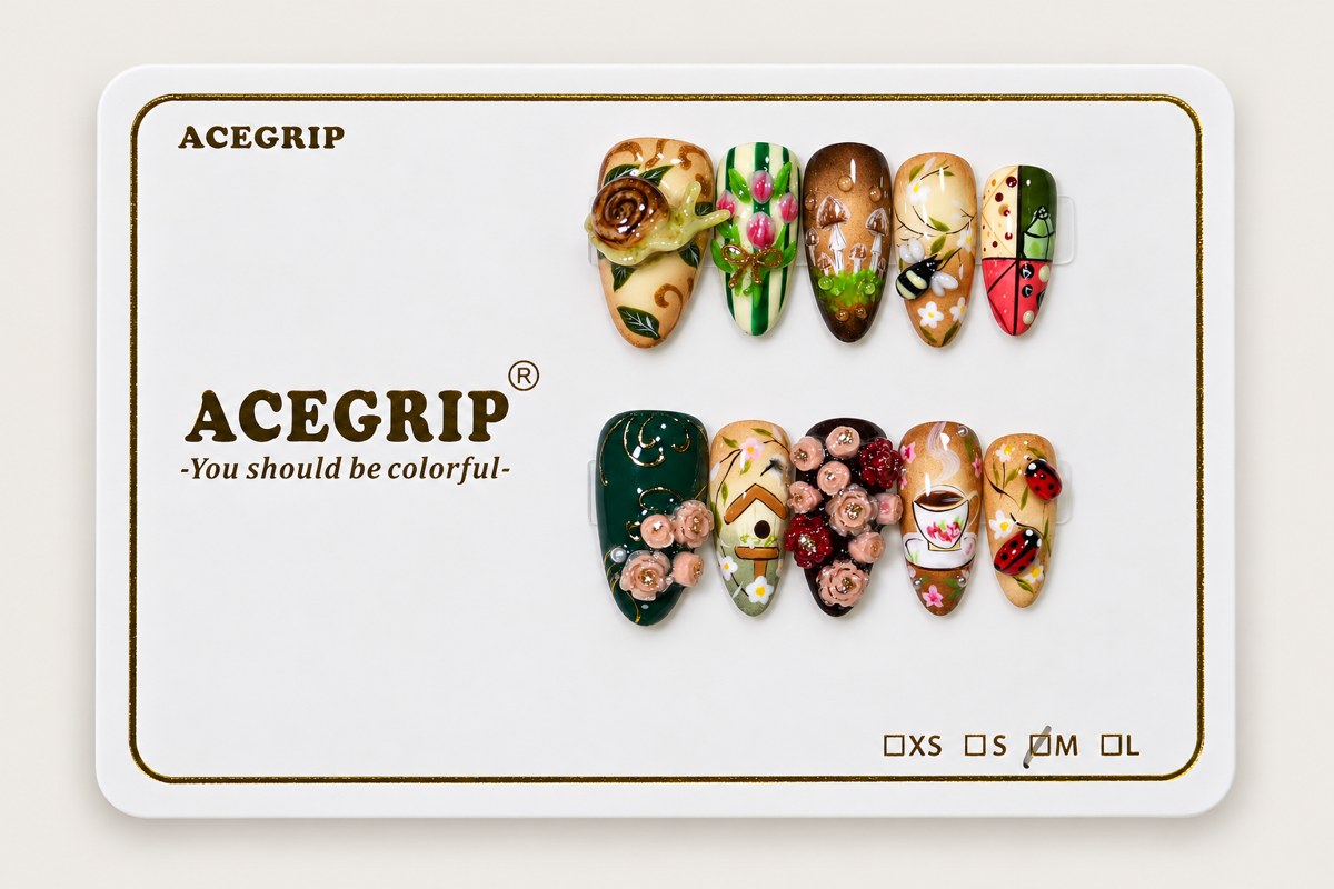 ACEGRIP Cocoa Bloom, style AN8099, complete 10-nail set on its presentation card