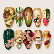 ACEGRIP Cocoa Bloom press-on nails in brown, green, peach nude, and white, with floral accents, style AN8099