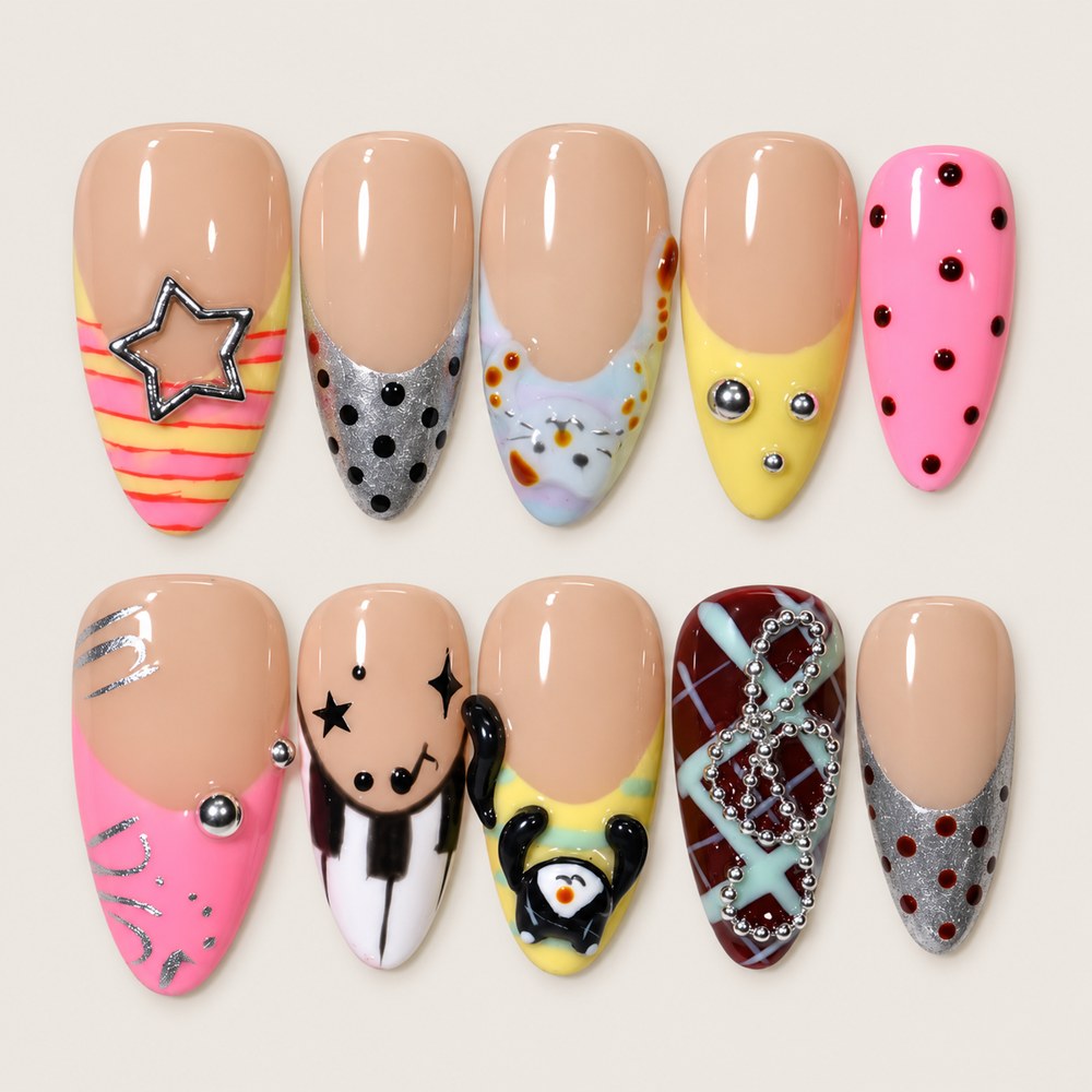 ACEGRIP Blush Contours press-on nails in peach nude, pink, yellow, and grey, with French-tip color blocking, style AN8104