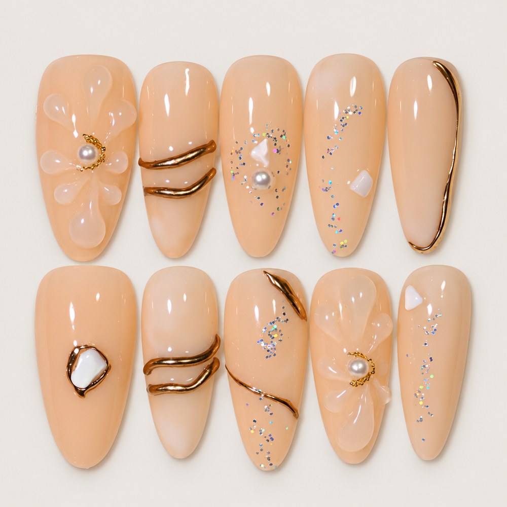 ACEGRIP Blush Blossoms press-on nails in peach nude, white, and gold tones, with floral accents, style AN8105