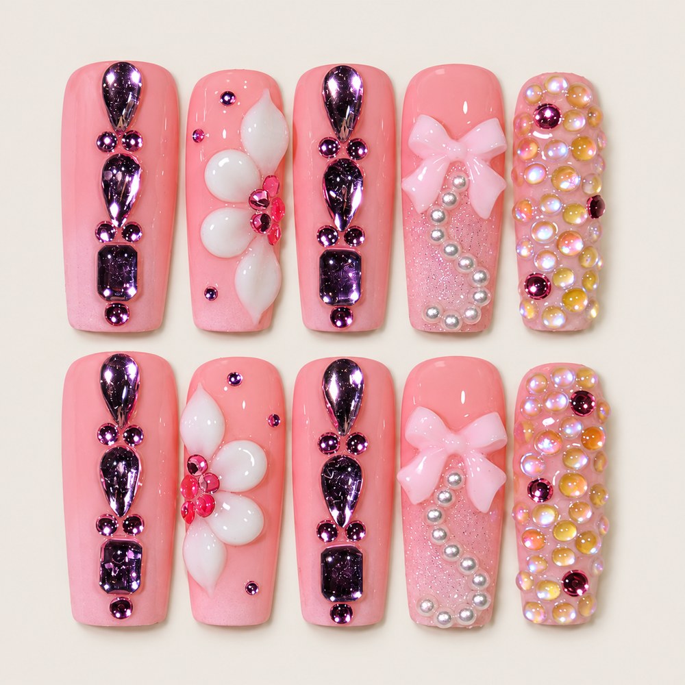 Rose Jewels - Pink Floral & Bow Press-On Nails
