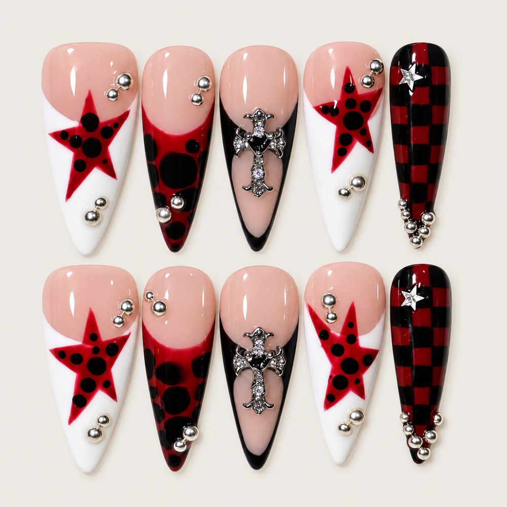 ACEGRIP Blush Starlight press-on nails in peach nude, white, red, and black, with star motifs, style AN8110