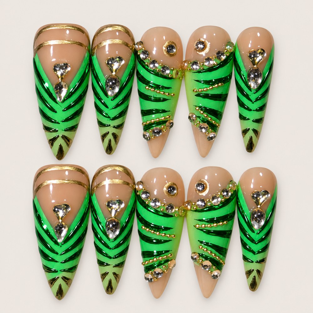 ACEGRIP Blush Zebra press-on nails in peach nude, green, black, and gold tones, with zebra-like stripes, style AN8112