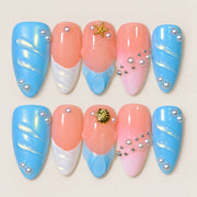 ACEGRIP Azure Tide press-on nails in blue, peach nude, pink, and white, with ocean-inspired motifs, style AN8113