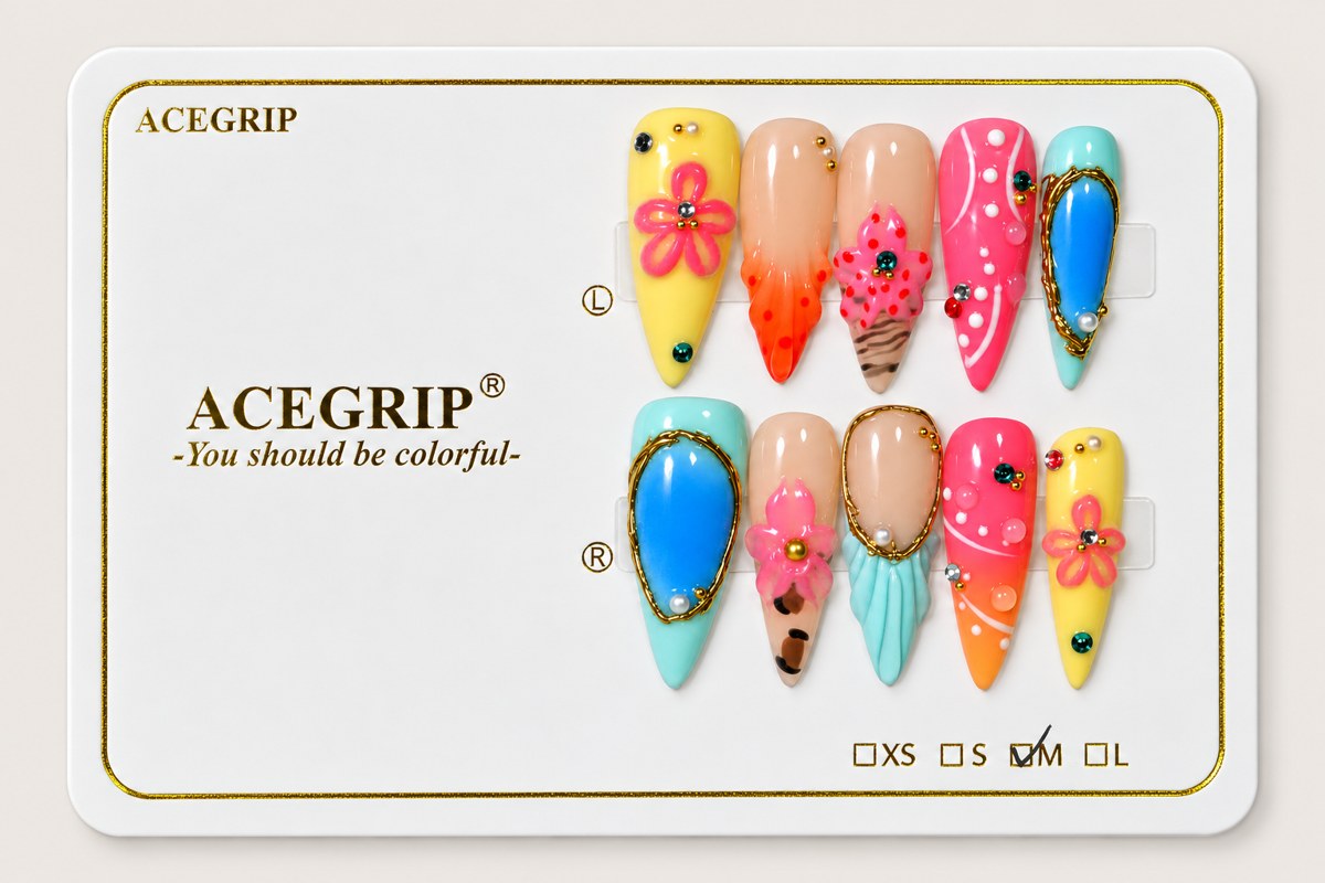 ACEGRIP Rose Petal Cameo, style AN8114, complete 10-nail set on its presentation card