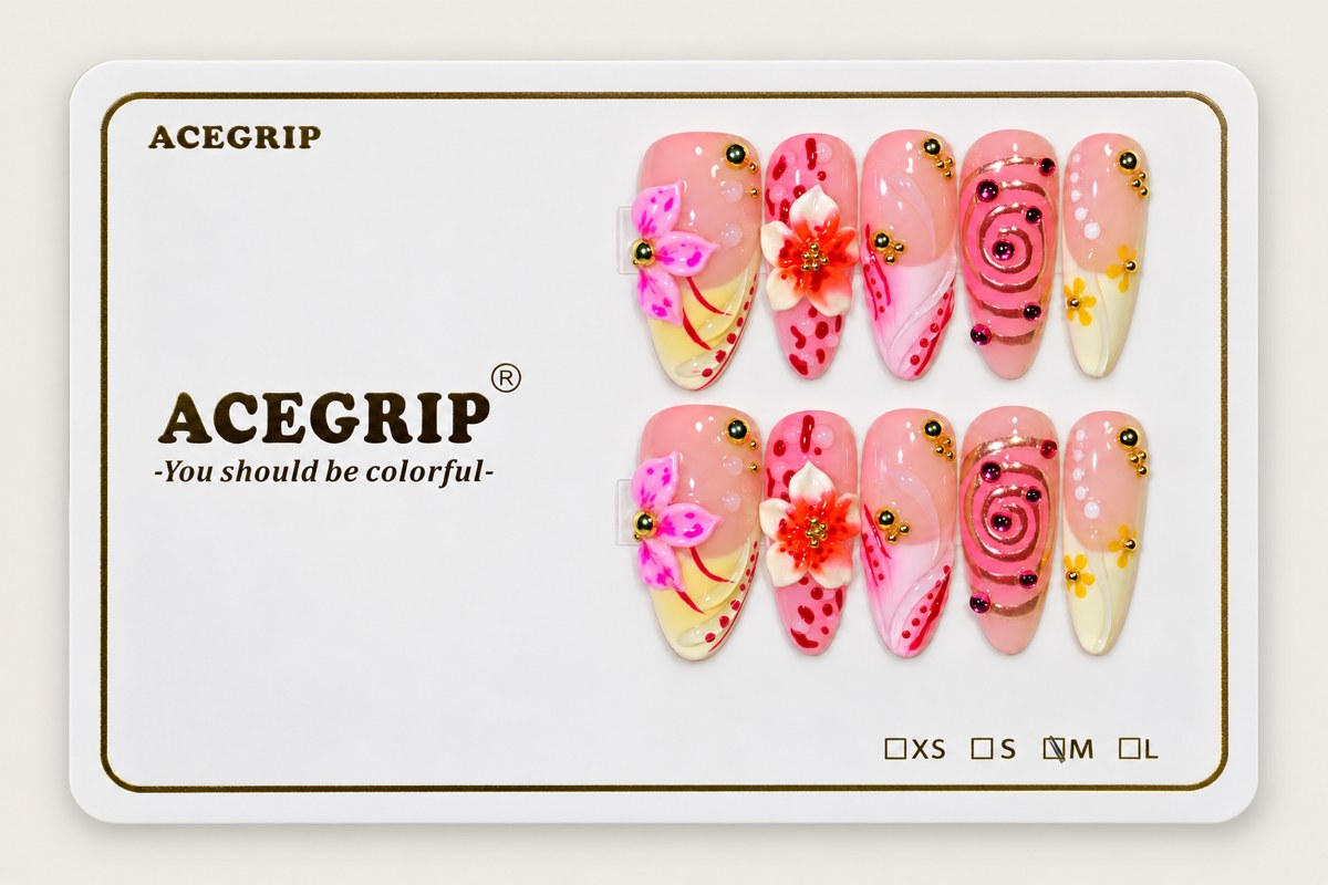 ACEGRIP Rose Petal Spotted, style AN8115, complete 10-nail set on its presentation card