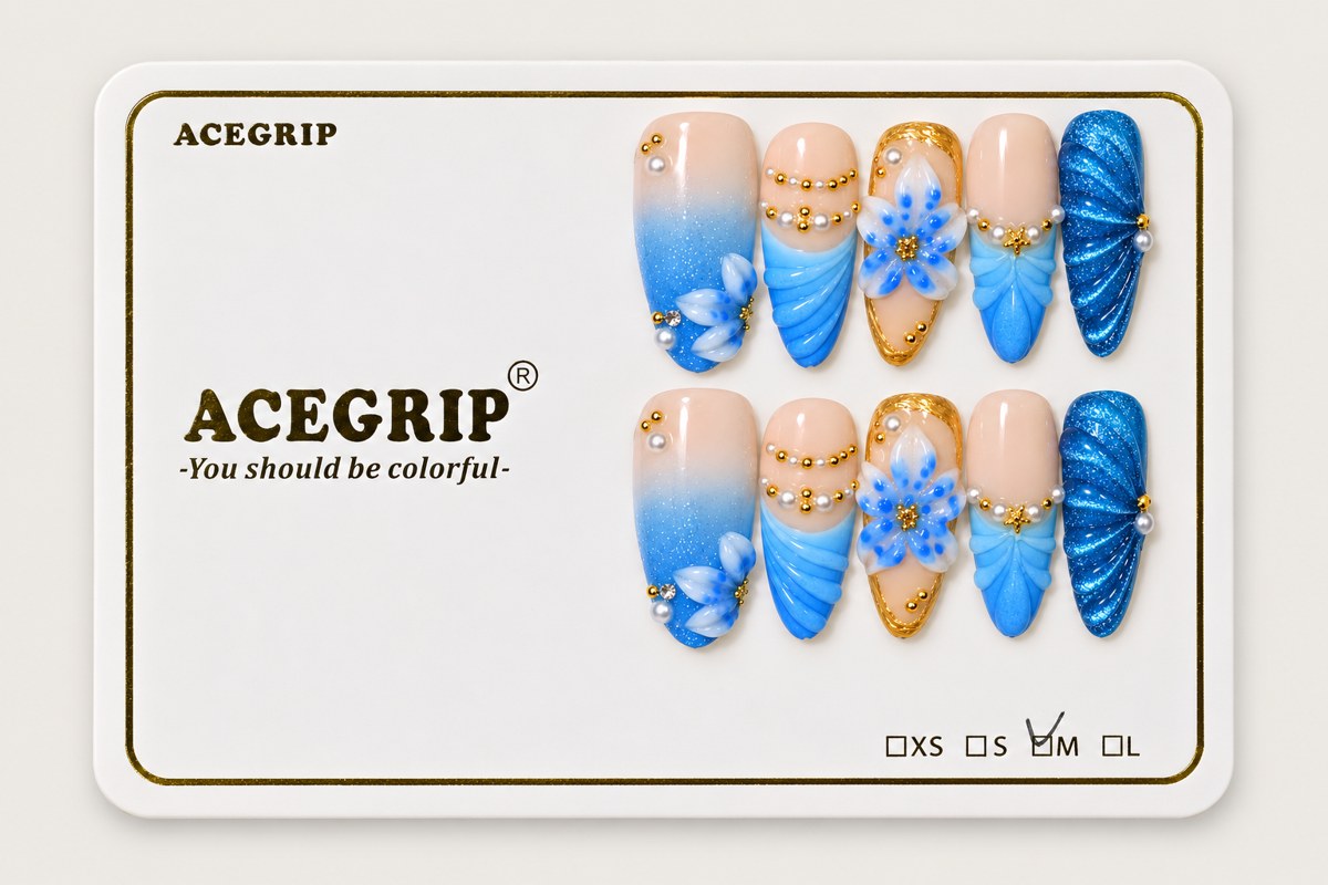 ACEGRIP Azure Blossoms, style AN8118, complete 10-nail set on its presentation card