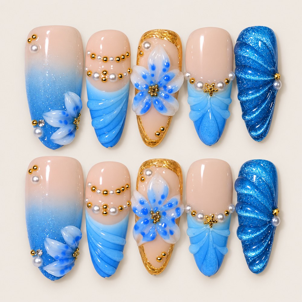 Azure Blossoms - Blue Floral & Sculpted Texture Press-On Nails