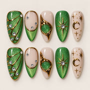 ACEGRIP Jade Starlight press-on nails in green, peach nude, and gold tones, with star motifs, style BF4001