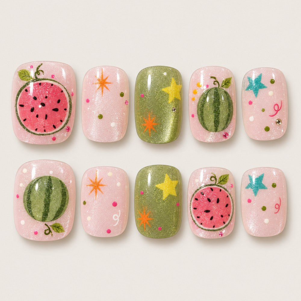 Rose Watermelon - Pink Watermelon & Star Press-On Nails
