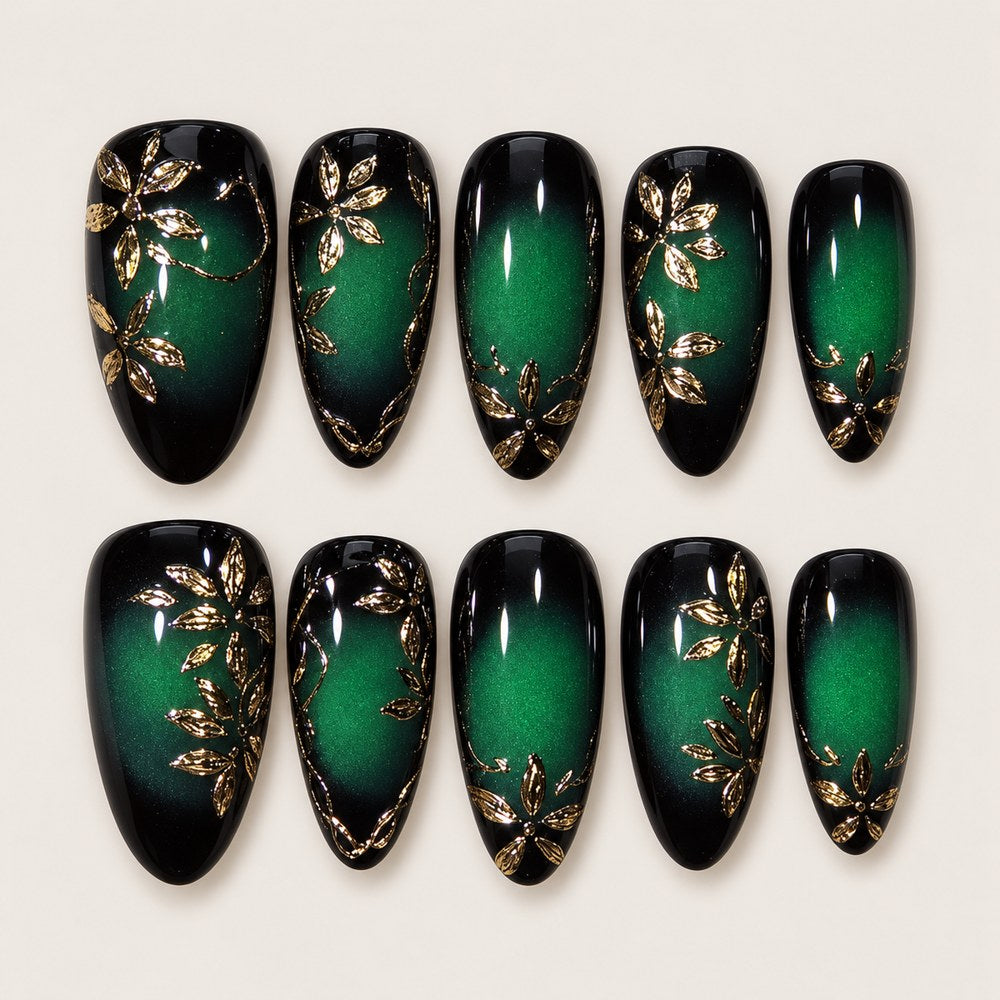 ACEGRIP Onyx Fade press-on nails in black, green, and gold tones, with soft color gradients, style BF4003