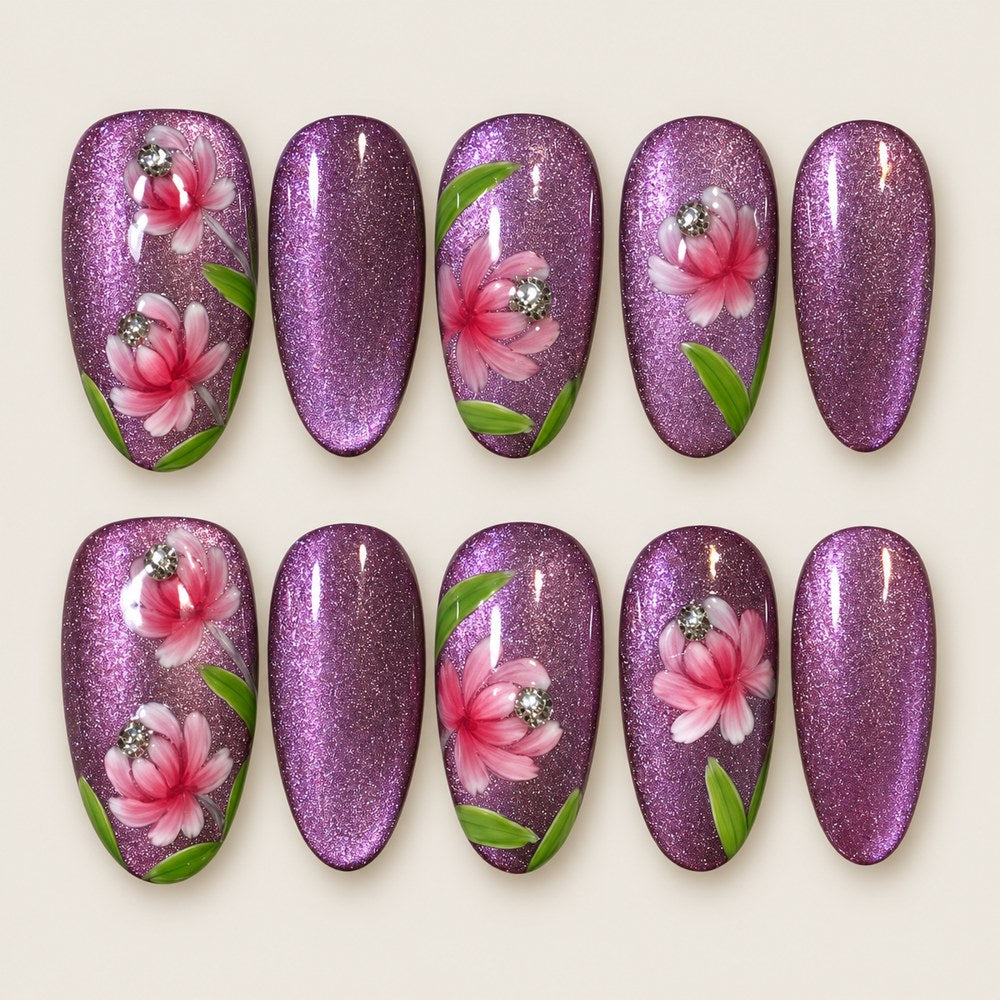 Violet Petals - Purple Floral & Leaf Press-On Nails