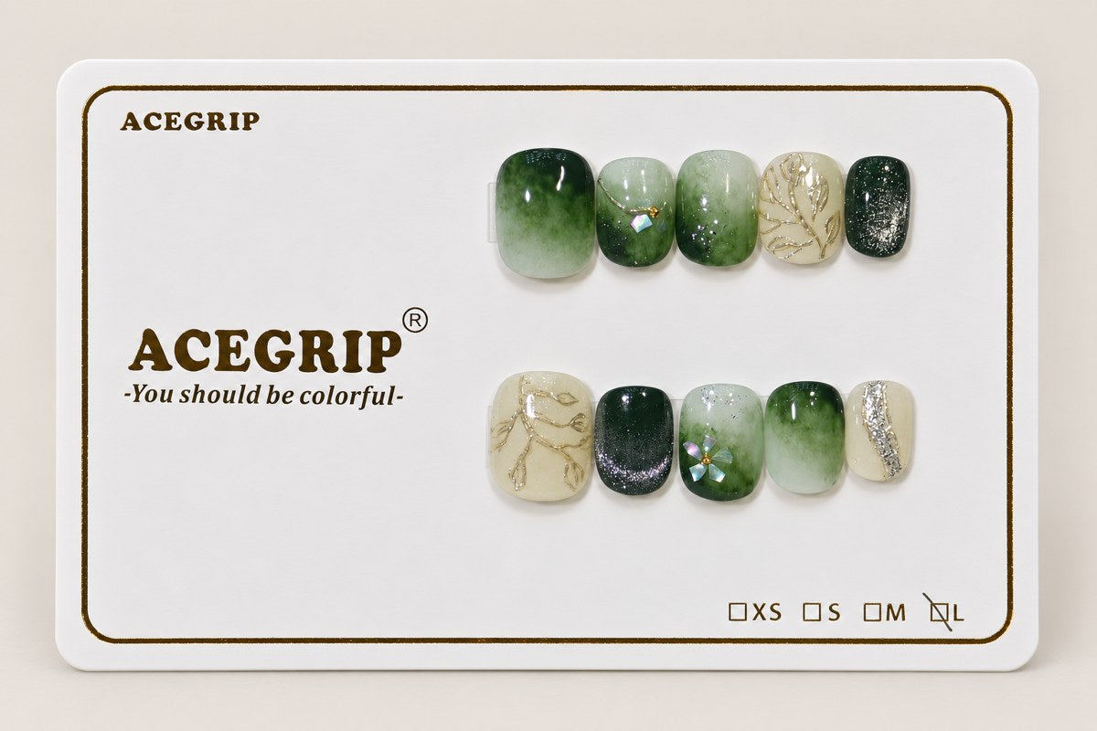 ACEGRIP Moss Gleam, style BF4006, complete 10-nail set on its presentation card