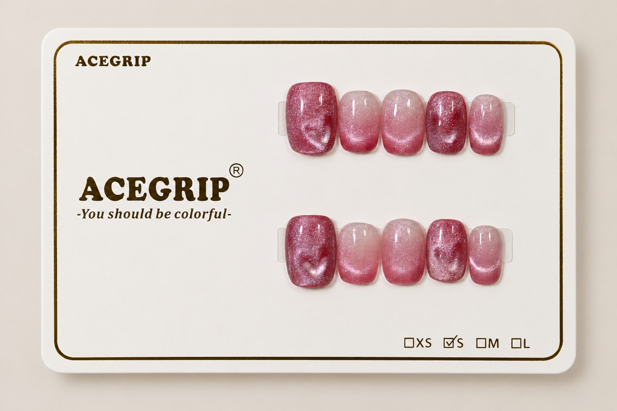 ACEGRIP Rose Gleam, style BF4007, complete 10-nail set on its presentation card