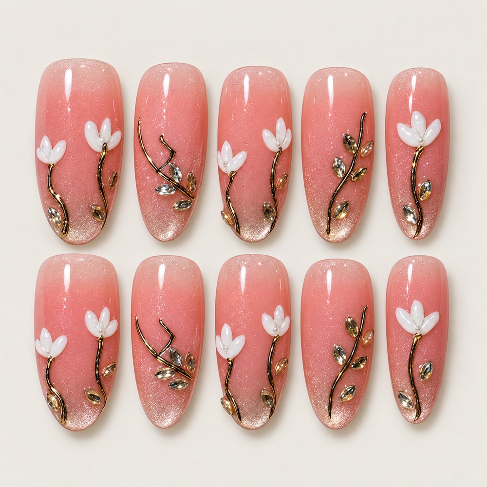 ACEGRIP Rose Bloom Branches press-on nails in pink, white, and gold tones, with floral accents, style BF4008