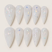 ACEGRIP Ivory Gleam press-on nails in white and blue, with a shimmering finish, style BF4009