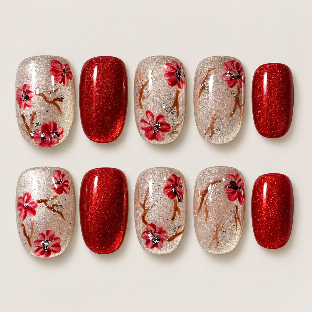 Scarlet Bloom - Red Floral & Branch Press-On Nails