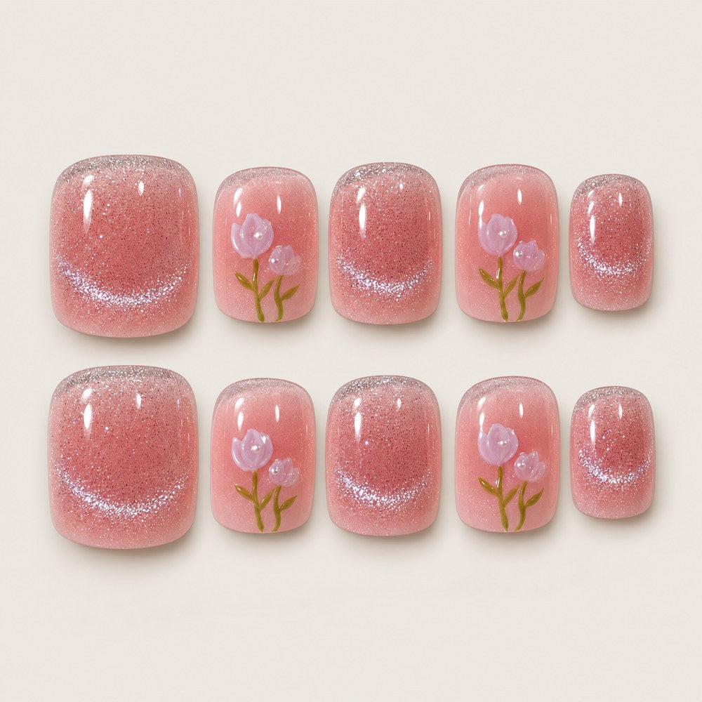 Rose Luster - Pink Floral Press-On Nails