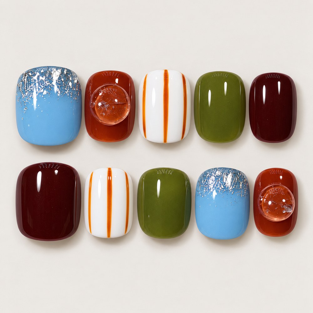 ACEGRIP Azure Stripes press-on nails in blue, brown, white, and green, with striped patterns, style BF4022