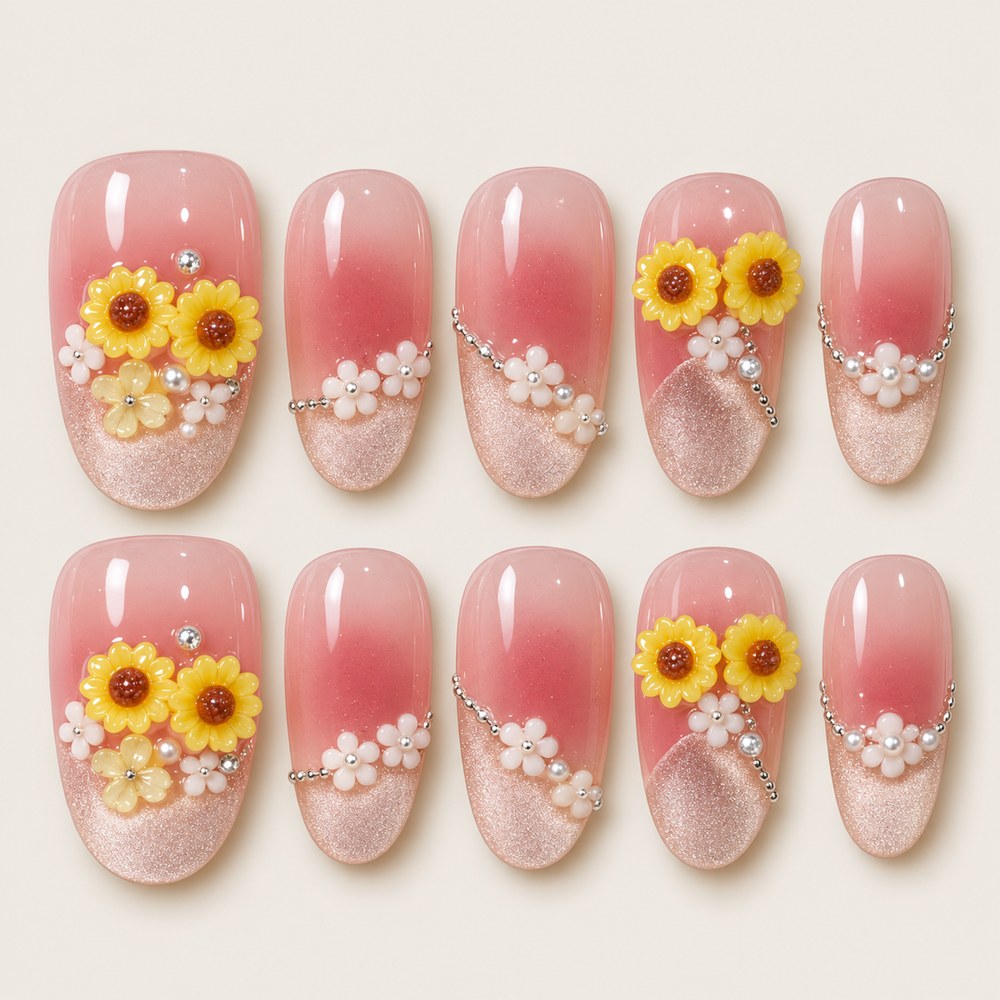 ACEGRIP Rose Sunflowers press-on nails in pink, yellow, and white, with sunflower motifs, style BF4023