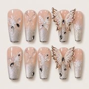 ACEGRIP Blush Butterfly press-on nails in peach nude, silver tones, white, and gold tones, with butterfly motifs, style BF4025
