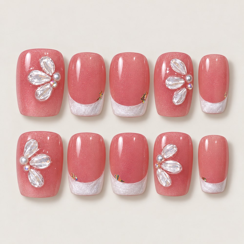 ACEGRIP Rose Contours press-on nails in pink, white, and silver tones, with French-tip color blocking, style BF4026