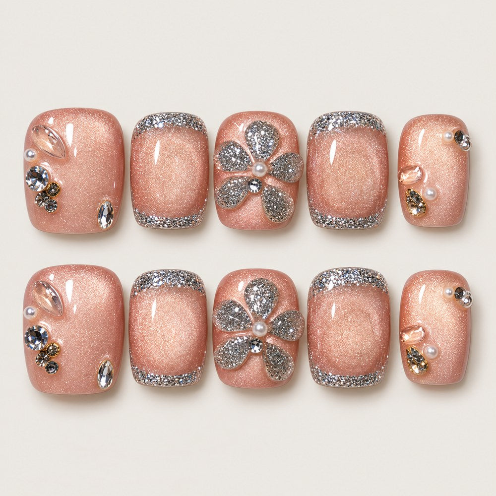 ACEGRIP Blush Petal French press-on nails in peach nude and silver tones, with floral accents, style BF4028