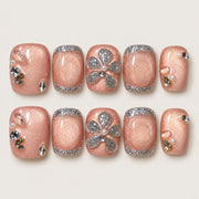 ACEGRIP Blush Petal French press-on nails in peach nude and silver tones, with floral accents, style BF4028