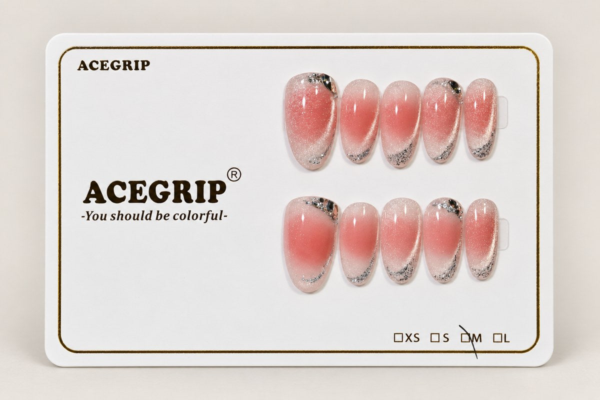 ACEGRIP Rose Silver French, style BF4029, complete 10-nail set on its presentation card