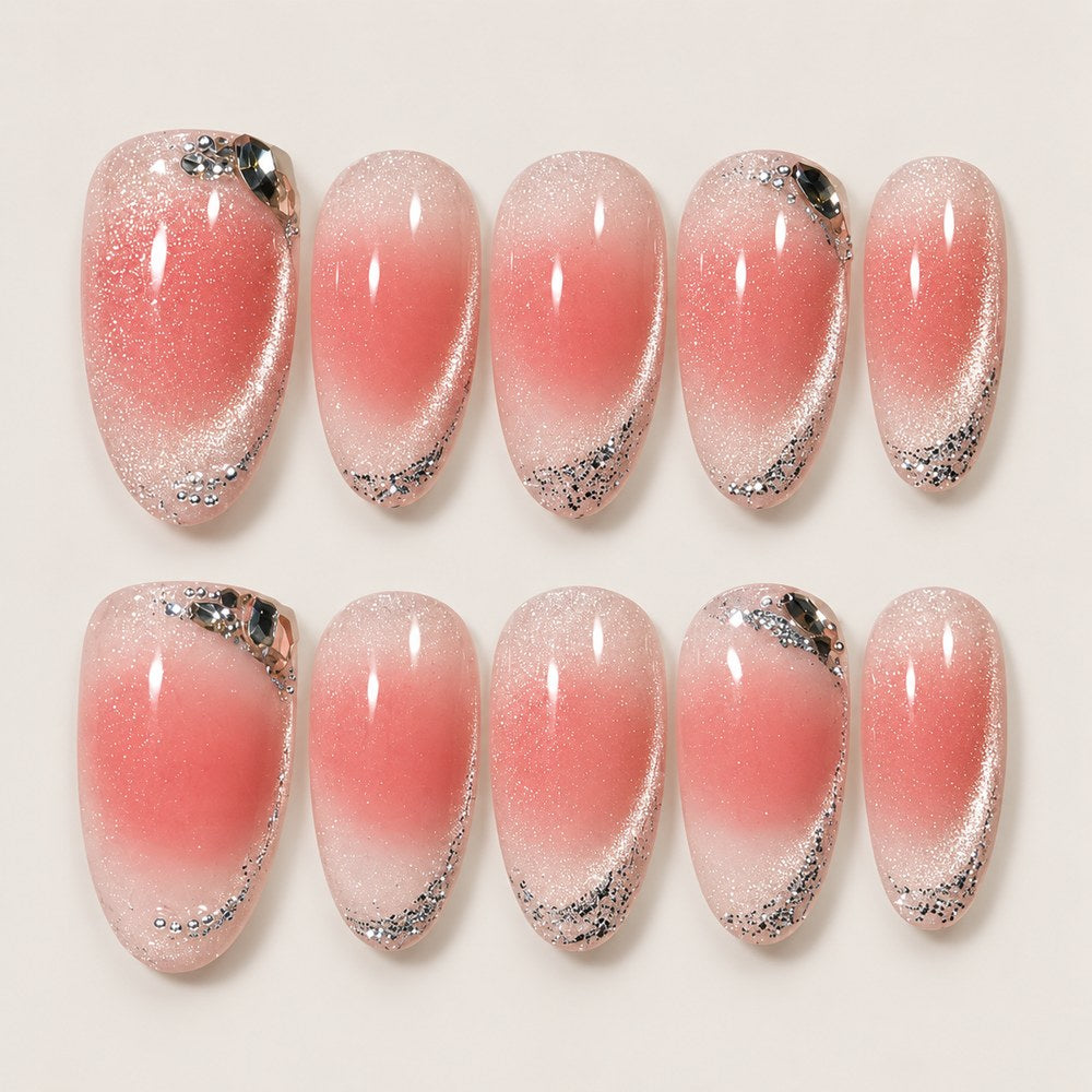 ACEGRIP Rose Silver French press-on nails in pink and silver tones, with French-tip color blocking, style BF4029