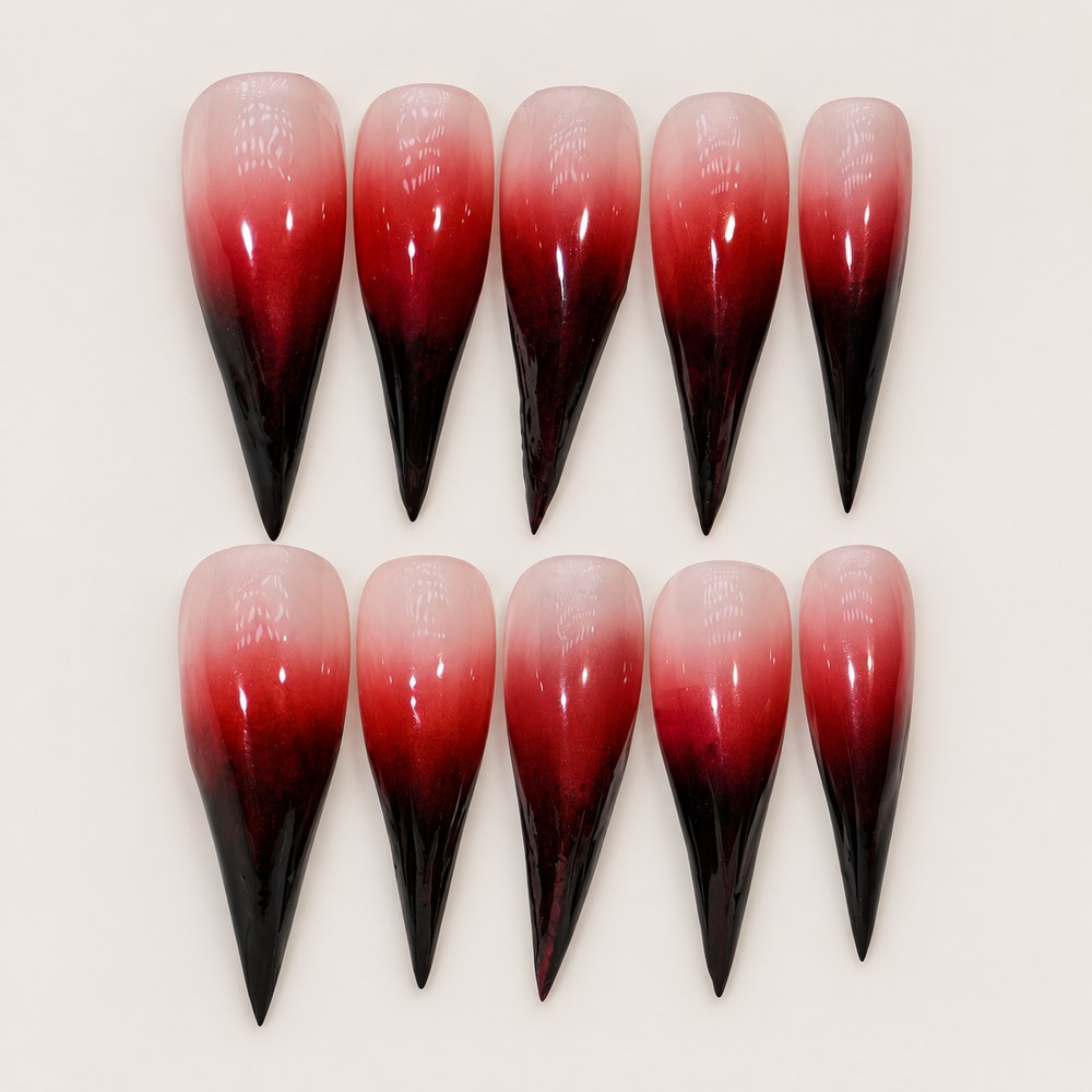 ACEGRIP Rose Haze press-on nails in pink, red, and black, with soft color gradients, style BF4031