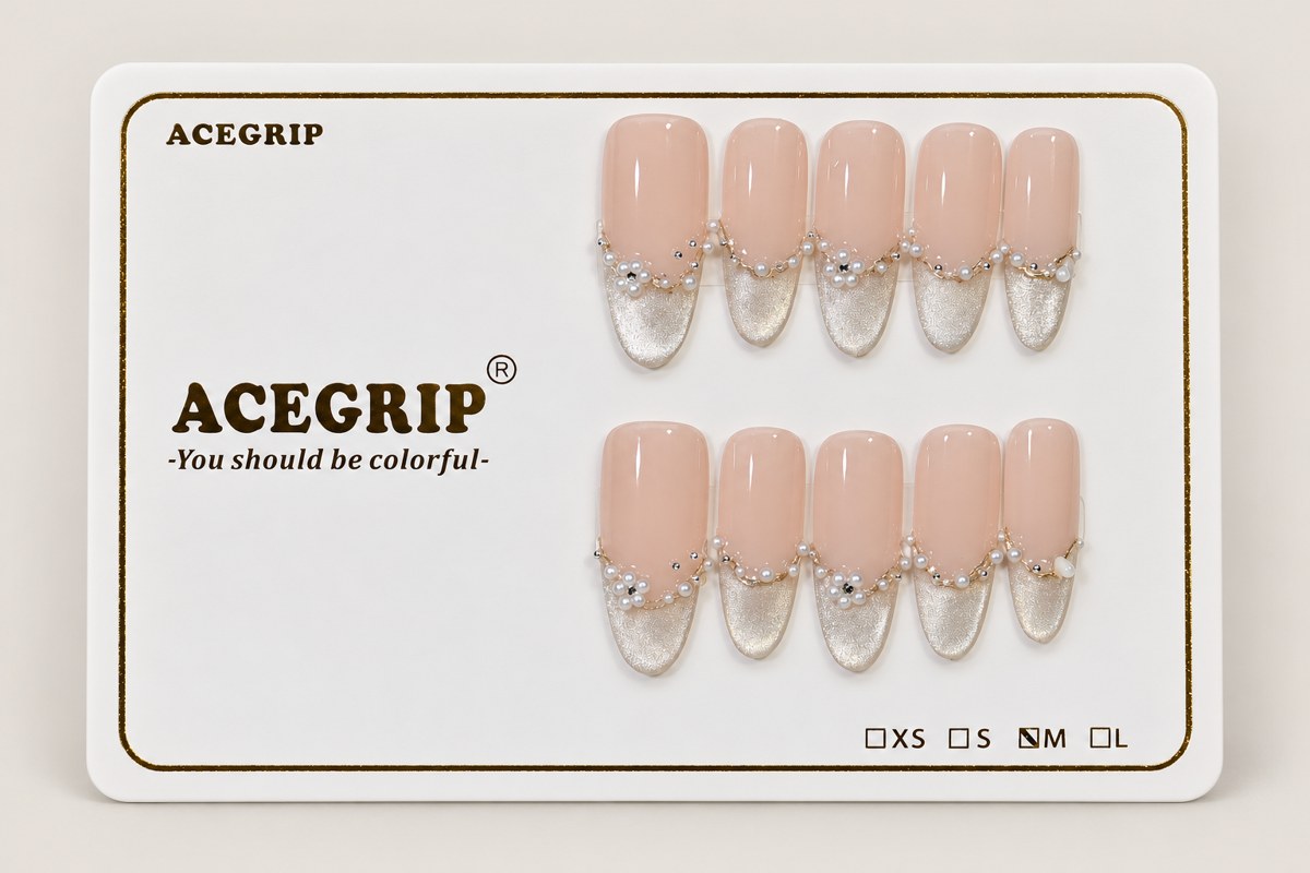 ACEGRIP Blush French Pearls, style BF4033, complete 10-nail set on its presentation card