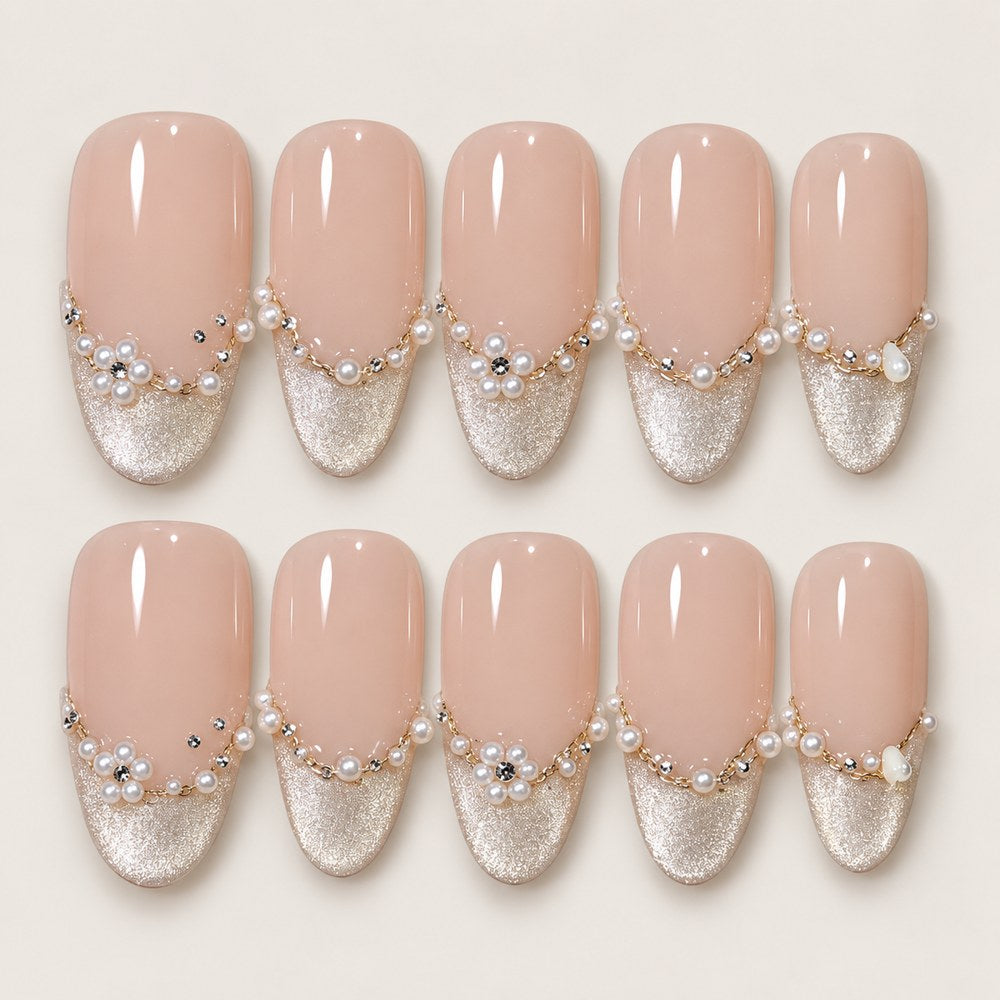 ACEGRIP Blush French Pearls press-on nails in peach nude, cream, and white, with French-tip color blocking, style BF4033